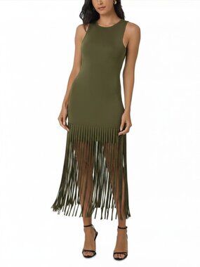 TOCCIN Margaux Fringe Dress in Olive Green